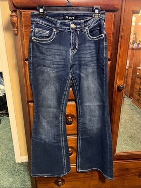 Sky Dark Blue Flare Jeans with Contrast Stitching